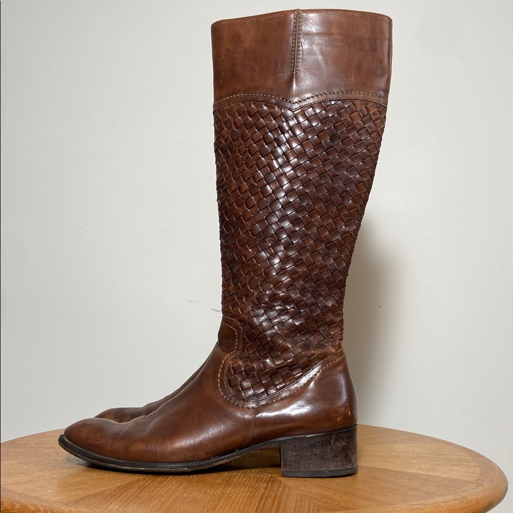 Brown Woven Leather Knee-High Boots